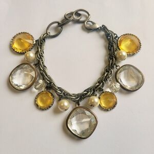 Vintage Amazing Chunky Bracelet Amber Yellow Clear Crystals Antique Bronze